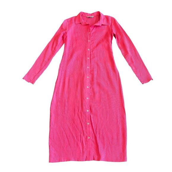 Amanda Uprichard Bright Pink Button-Down Dress Ribbed Long Sleeve Size Medium - Picture 1 of 12